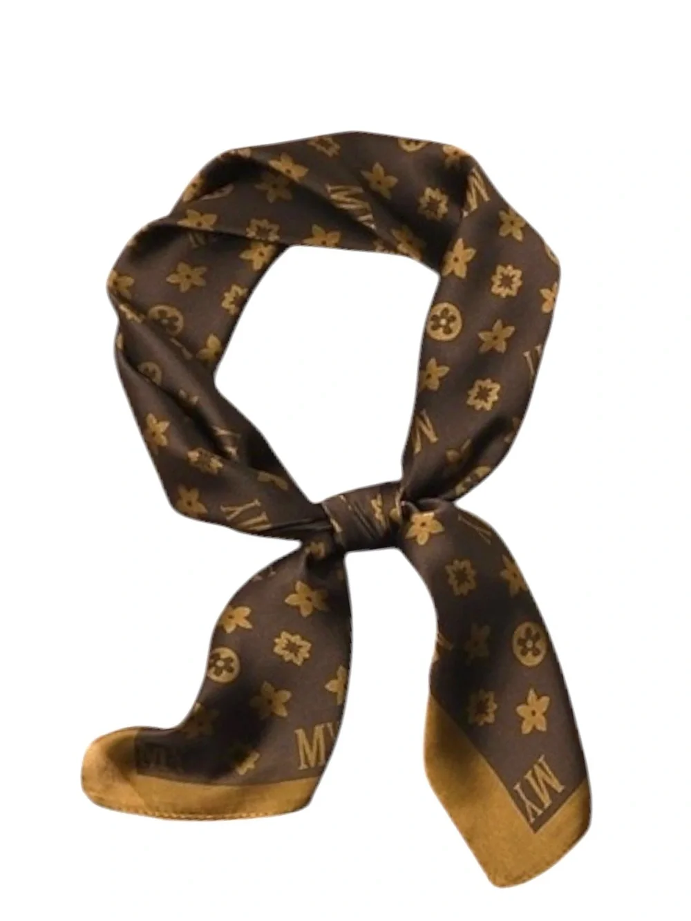 Silky Brown & Gold Monogram Floral Medalion Motifs Square Vintage Scarf